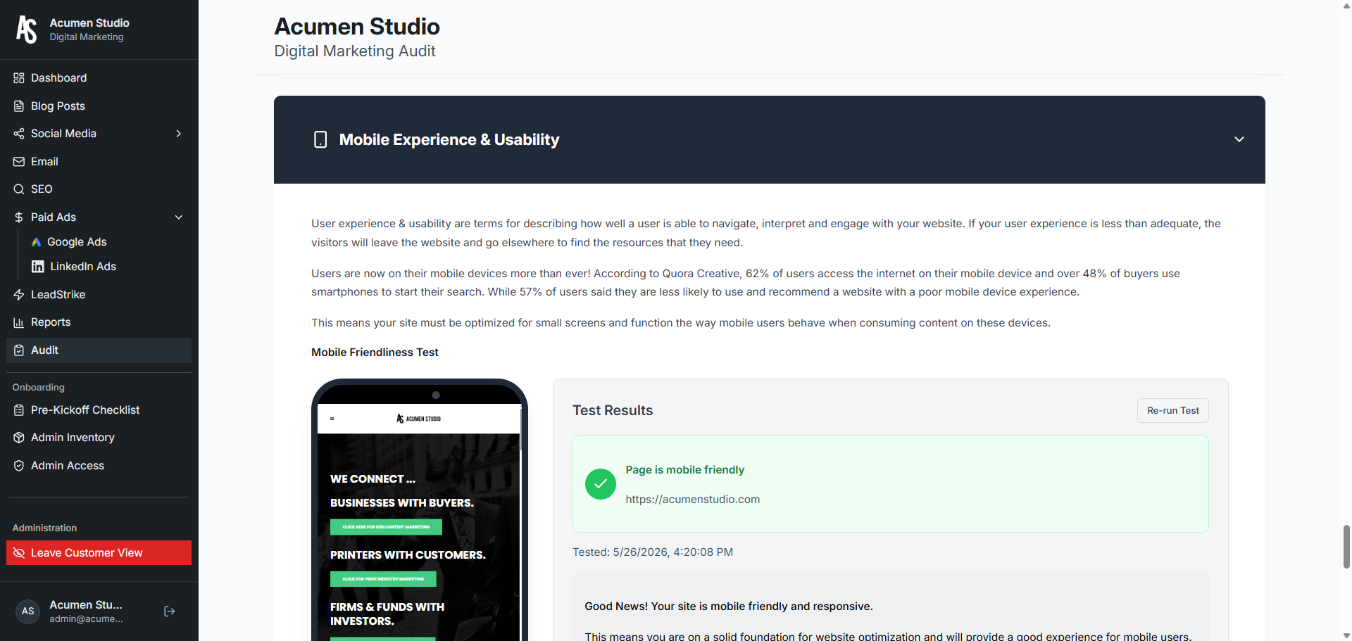 Acumen Studio Digital Marketing Audit interface