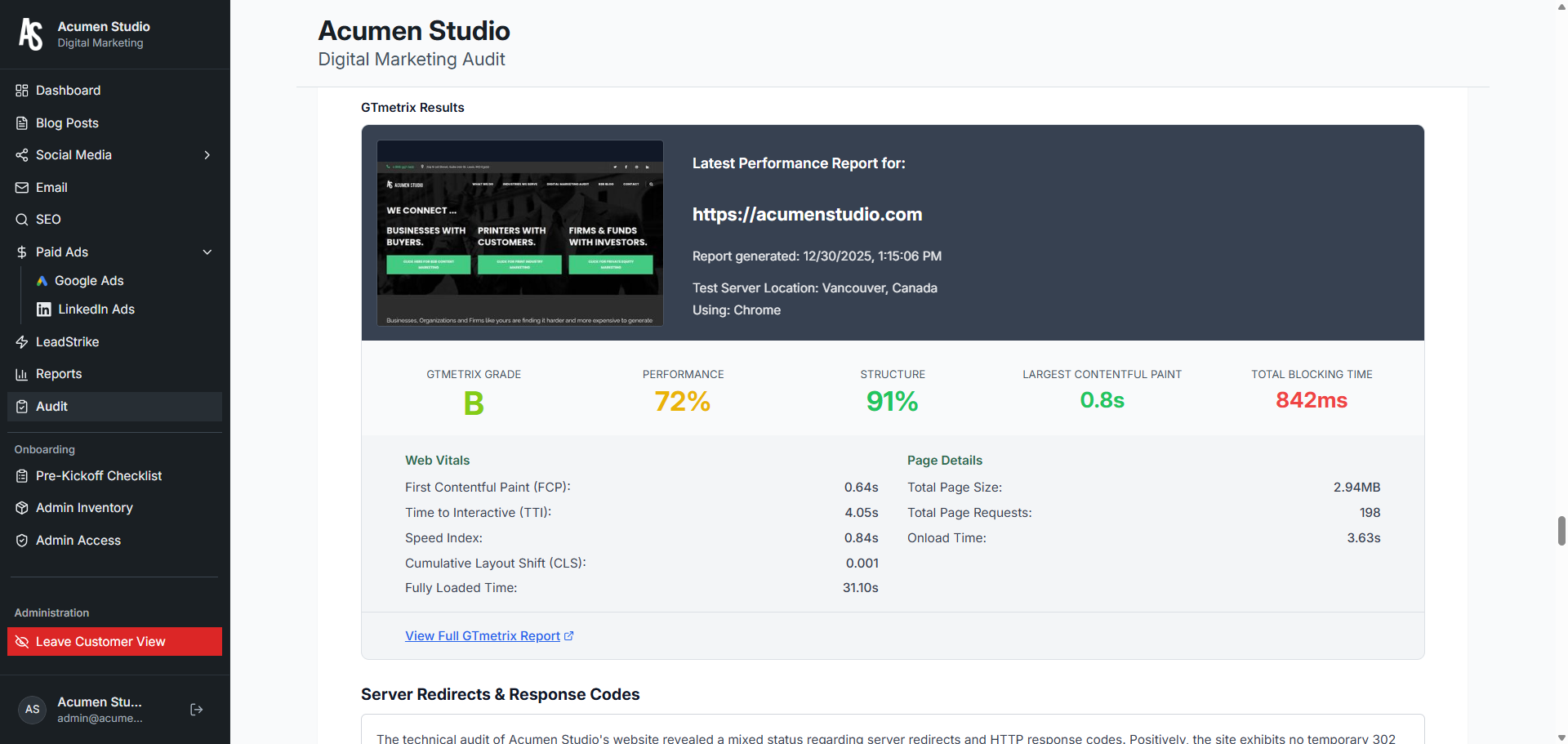 GTmetrix performance breakdown in the Acumen audit